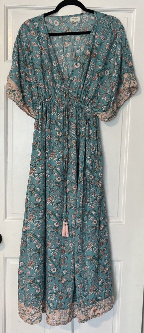 World Market Kaftan Maxi Dress Small/Medium Green Floral Boho Tassel Beach Waist